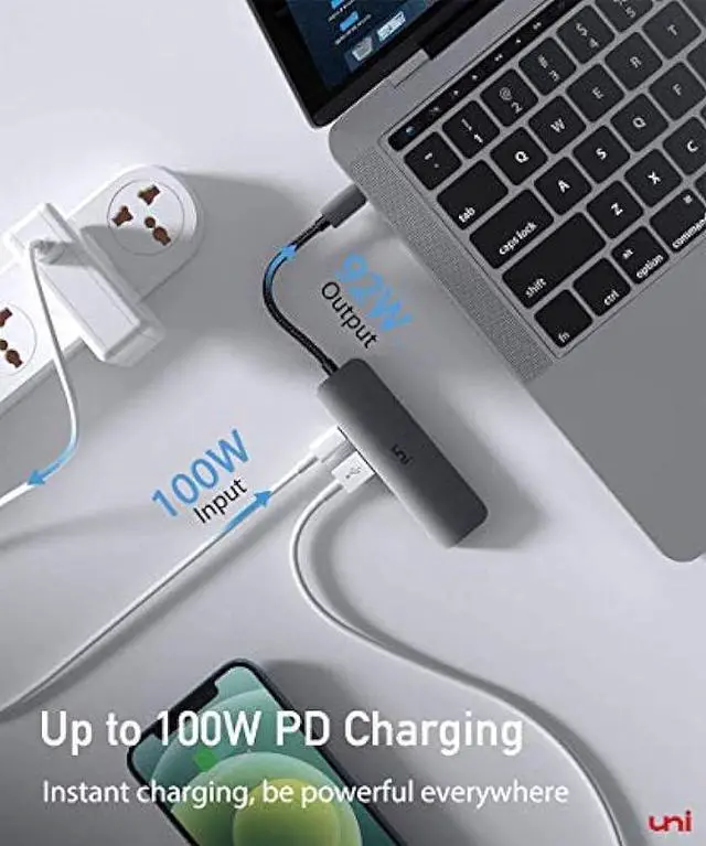 Alt view image 2 of 6 - uni USB C Hub with 100W PD Power Delivery, [Slim, Aluminum, Nylon] 4-in-1 Type c with High-Speed 3-Ports USB 3.0, Compatible with MacBook Pro/ Air, iPad Pro, XPS, Surface Book etc.