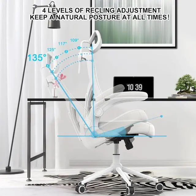 Alt view image 2 of 7 - , Ergonomic Mesh Desk Chair, High Back Computer Chair- Adjustable Headrest with Flip-Up Arms, Lumbar Support, Swivel Executive Task Chair (Modern, White)