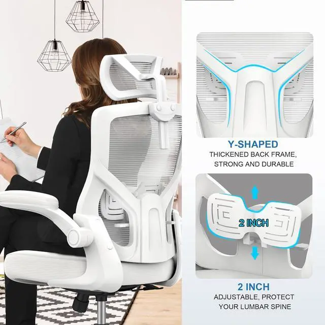 Alt view image 3 of 7 - , Ergonomic Mesh Desk Chair, High Back Computer Chair- Adjustable Headrest with Flip-Up Arms, Lumbar Support, Swivel Executive Task Chair (Modern, White)