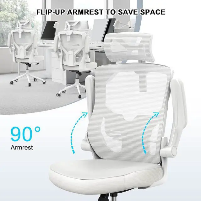 Alt view image 4 of 7 - , Ergonomic Mesh Desk Chair, High Back Computer Chair- Adjustable Headrest with Flip-Up Arms, Lumbar Support, Swivel Executive Task Chair (Modern, White)