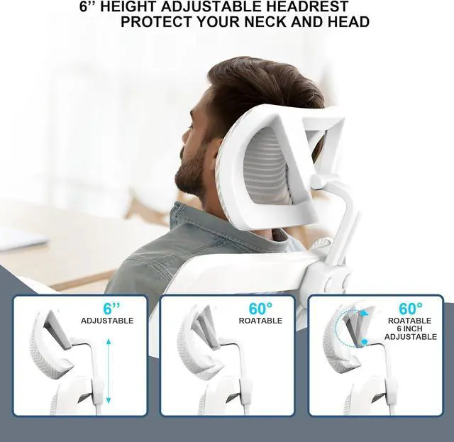 Alt view image 7 of 7 - , Ergonomic Mesh Desk Chair, High Back Computer Chair- Adjustable Headrest with Flip-Up Arms, Lumbar Support, Swivel Executive Task Chair (Modern, White)