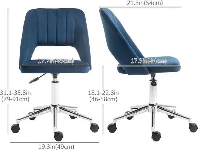 Alt view image 3 of 7 - Vinsetto Mid Back Office Chair Velvet Fabric Swivel Scallop Shape Computer Desk Chair, Blue