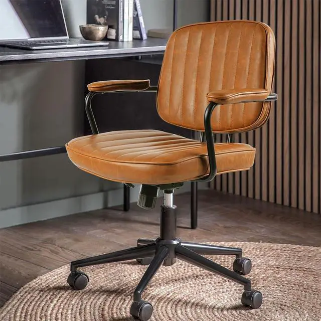 Alt view image 3 of 7 - Artswish Mid Century Office Chair Leather Desk Chair Brown Office Desk Chair Home Office Chair with Wheels and Arms