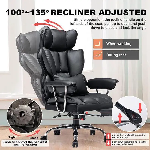 Alt view image 3 of 7 - Desk Office Chair 400LBS, Big High Back PU Leather Computer Chair, Executive Office Chair with Leg Rest and Lumbar Support, Black Office Chair
