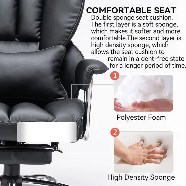 Alt view image 4 of 7 - Desk Office Chair 400LBS, Big High Back PU Leather Computer Chair, Executive Office Chair with Leg Rest and Lumbar Support, Black Office Chair