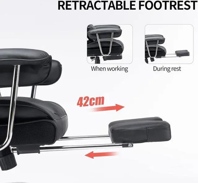 Alt view image 5 of 7 - Desk Office Chair 400LBS, Big High Back PU Leather Computer Chair, Executive Office Chair with Leg Rest and Lumbar Support, Black Office Chair