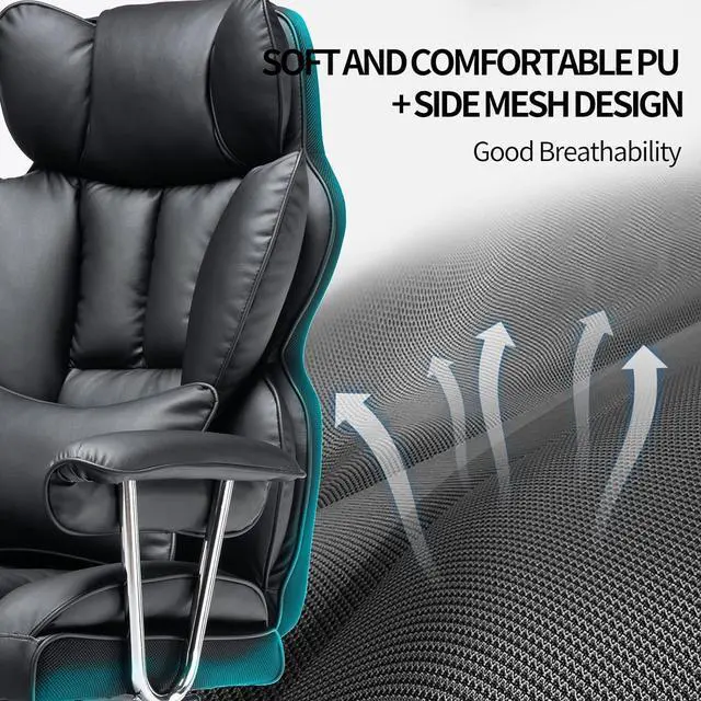 Alt view image 7 of 7 - Desk Office Chair 400LBS, Big High Back PU Leather Computer Chair, Executive Office Chair with Leg Rest and Lumbar Support, Black Office Chair
