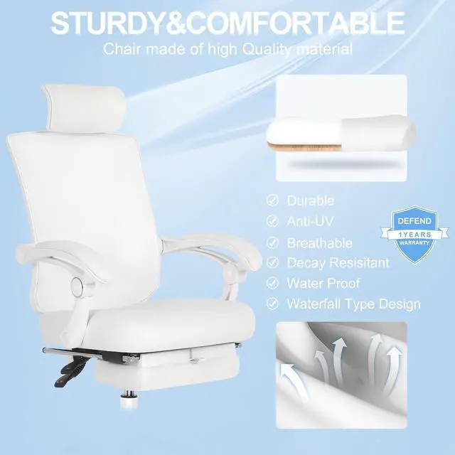 Alt view image 6 of 7 - Ergonomic Office Chair with Footrest, Ergonomic Desk Chair with Adjustable 2D Lumbar Support, High Back Computer Chair with Adjustable Headrest, White Comfortable Leather Office Chairs