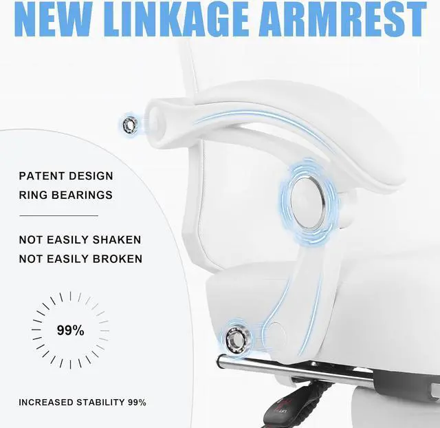 Alt view image 7 of 7 - Ergonomic Office Chair with Footrest, Ergonomic Desk Chair with Adjustable 2D Lumbar Support, High Back Computer Chair with Adjustable Headrest, White Comfortable Leather Office Chairs
