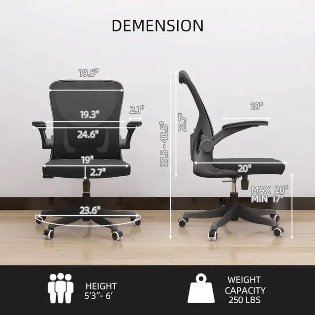 Alt view image 2 of 7 - Monhey Office Chair - Ergonomic Office Chair Swivel Desk Chair with Lumbar Support & 2D Flip-up Arms Height Adjustable Home Office Desk Chairs Rockable High Back Computer Chair Black Mesh Study Chair