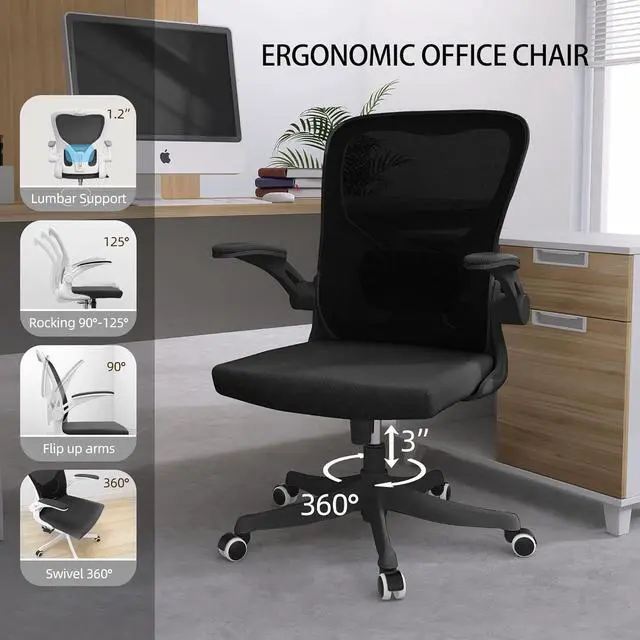 Alt view image 3 of 7 - Monhey Office Chair - Ergonomic Office Chair Swivel Desk Chair with Lumbar Support & 2D Flip-up Arms Height Adjustable Home Office Desk Chairs Rockable High Back Computer Chair Black Mesh Study Chair