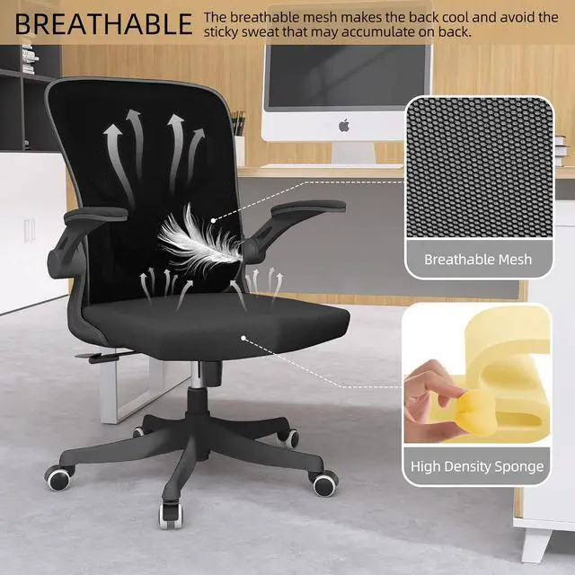 Alt view image 4 of 7 - Monhey Office Chair - Ergonomic Office Chair Swivel Desk Chair with Lumbar Support & 2D Flip-up Arms Height Adjustable Home Office Desk Chairs Rockable High Back Computer Chair Black Mesh Study Chair