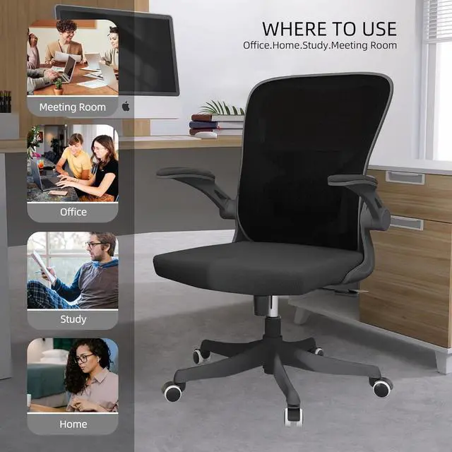 Alt view image 7 of 7 - Monhey Office Chair - Ergonomic Office Chair Swivel Desk Chair with Lumbar Support & 2D Flip-up Arms Height Adjustable Home Office Desk Chairs Rockable High Back Computer Chair Black Mesh Study Chair