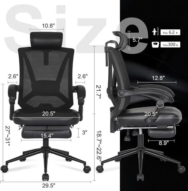 Alt view image 2 of 6 - Ergonomic Office Chair with Footrest, Ergonomic Desk Chair with Adjustable 2D Lumbar Support, High Back Office Chair with Adjustable Headrest, Comfortable Leather Office Chair -Black