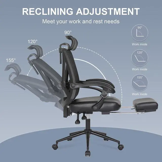 Alt view image 4 of 6 - Ergonomic Office Chair with Footrest, Ergonomic Desk Chair with Adjustable 2D Lumbar Support, High Back Office Chair with Adjustable Headrest, Comfortable Leather Office Chair -Black