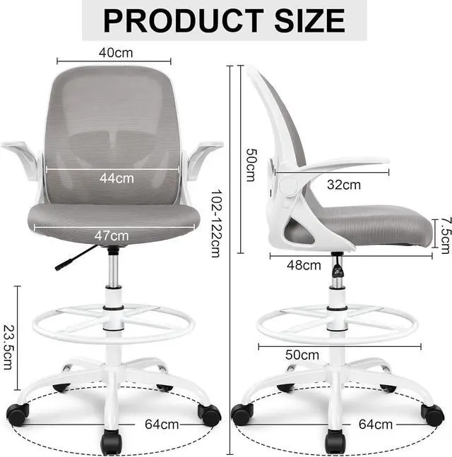 Alt view image 2 of 6 - Drafting Chair Primy Tall Office Chair with Flip-up Armrests Executive Ergonomic Computer Standing Desk Chair with Adjustable Footrest Ring and Lumbar SupportGray
