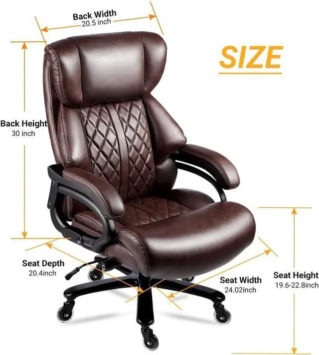 Alt view image 3 of 7 - 400lbs Big and Tall Office Chair for Heavy People Executive Office Chair Wide Spring Seat Home Office Desk Chair with Heavy Duty Casters 360 Swivel Chair Computer PU Leather Chair (Brown)
