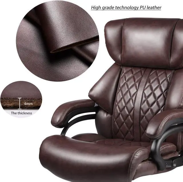 Alt view image 5 of 7 - 400lbs Big and Tall Office Chair for Heavy People Executive Office Chair Wide Spring Seat Home Office Desk Chair with Heavy Duty Casters 360 Swivel Chair Computer PU Leather Chair (Brown)