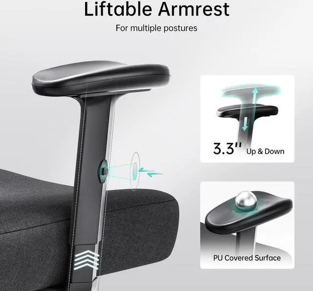Alt view image 4 of 7 - P3 Ergonnomic Office Chair with 2D Adjustable Lumbar Support, Office Chairs with Adjustable Headrest and Armrest, 145° Stepless Tilt Function, Black(No Footrest)