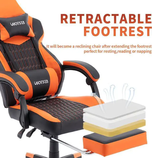 Alt view image 6 of 7 - WOTSTA Gaming Chairs Massage Game Chair with Footrest Reclination Angle Adjustable Backrest Height Gamer Seat Equiped Retractable Wheels (Orange)