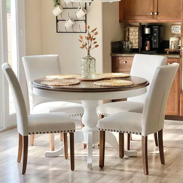 Main image of COLAMY Upholstered Parsons Dining Chairs Set of 4, Fabric Dining Room Kitchen Side Chair with Nailhead Trim and Wood Legs - Beige,No Table