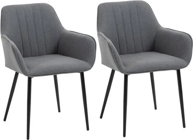 Main image of HOMCOM Dining Chairs Set of 2, Upholstered Kitchen Chairs, Linen Fabric Accent Chairs with Metal Legs, Dark Grey