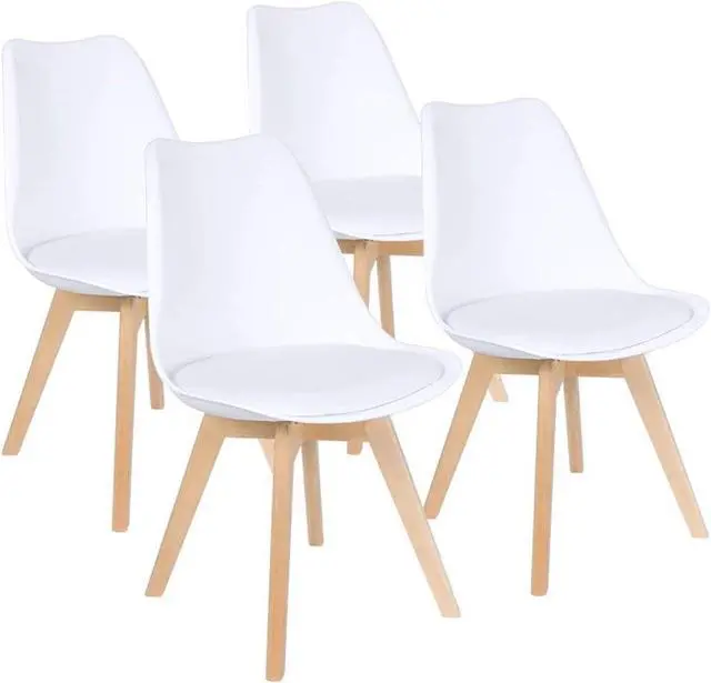 Main image of Inspirer Studio® Set of 4 New 17 inch SeatDepth Modern Style Side Chair with Natural Wood Legs Eiffel Dining Room Chair Lounge Chair Eiffel Legged Base (Upholstered White)