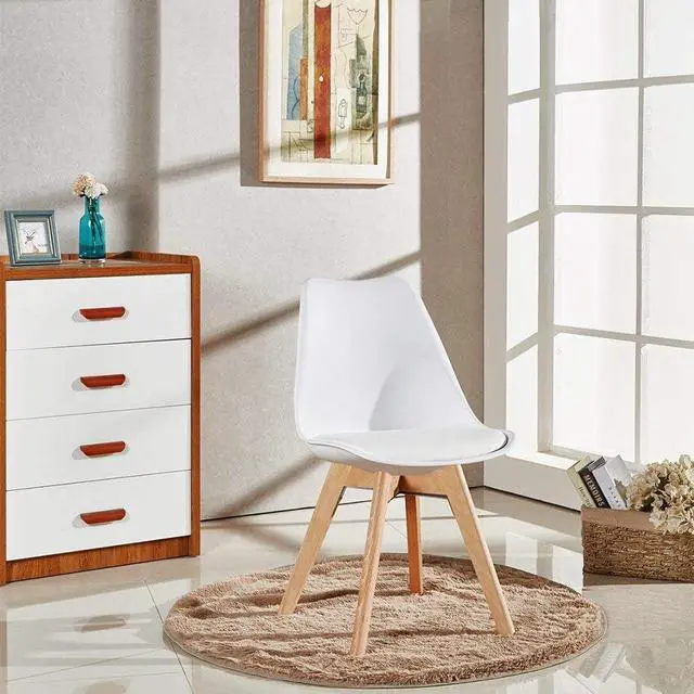 Alt view image 3 of 4 - Inspirer Studio® Set of 4 New 17 inch SeatDepth Modern Style Side Chair with Natural Wood Legs Eiffel Dining Room Chair Lounge Chair Eiffel Legged Base (Upholstered White)