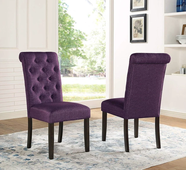 Main image of Roundhill Furniture Leviton Solid Wood Tufted Parsons Dining Chairs, Set of 2, Purple