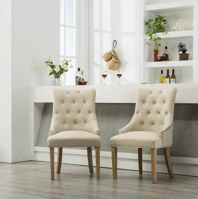 Alt view image 4 of 7 - Roundhill Furniture Button Tufted Solid Wood Wingback Hostess Chairs with Nail Heads, Set of 2, Tan, White, "Tan, 24D x 22W x 39H in