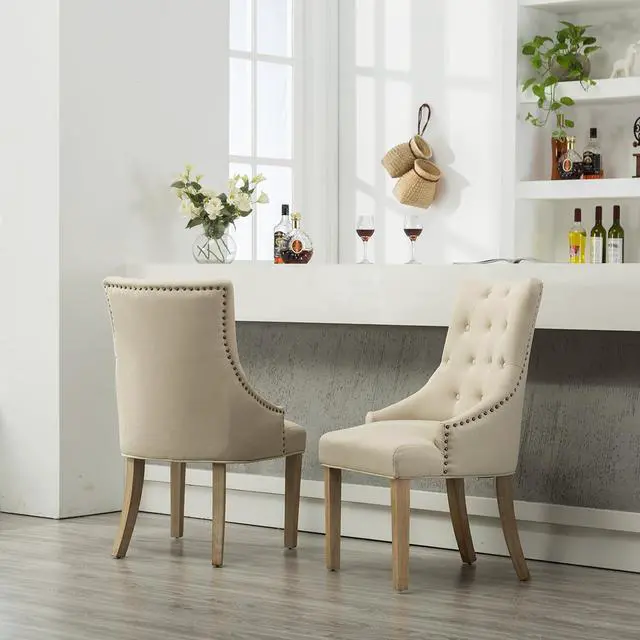Alt view image 6 of 7 - Roundhill Furniture Button Tufted Solid Wood Wingback Hostess Chairs with Nail Heads, Set of 2, Tan, White, "Tan, 24D x 22W x 39H in