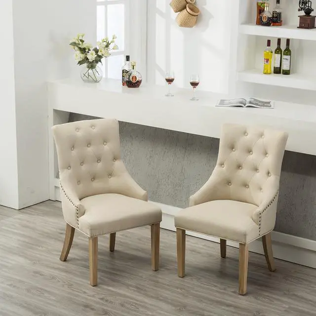 Alt view image 7 of 7 - Roundhill Furniture Button Tufted Solid Wood Wingback Hostess Chairs with Nail Heads, Set of 2, Tan, White, "Tan, 24D x 22W x 39H in