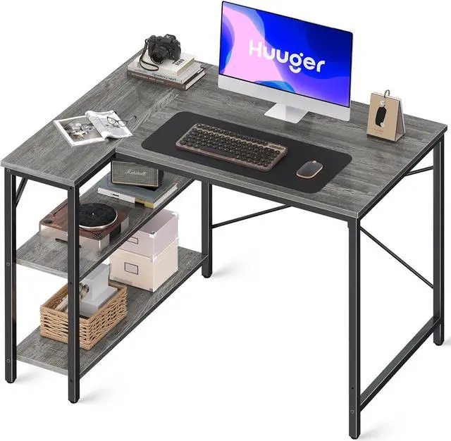 Main image of Huuger L Shaped Desk, 39 Inches Computer Desk with Reversible Storage Shelves, Gaming Desk, Corner Desk Home Office Desks, Writing Desk Study Desk with Metal Frame, Gray