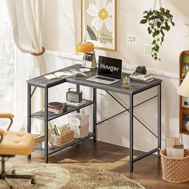 Alt view image 2 of 7 - Huuger L Shaped Desk, 39 Inches Computer Desk with Reversible Storage Shelves, Gaming Desk, Corner Desk Home Office Desks, Writing Desk Study Desk with Metal Frame, Gray