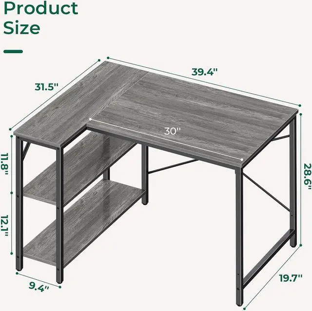 Alt view image 3 of 7 - Huuger L Shaped Desk, 39 Inches Computer Desk with Reversible Storage Shelves, Gaming Desk, Corner Desk Home Office Desks, Writing Desk Study Desk with Metal Frame, Gray