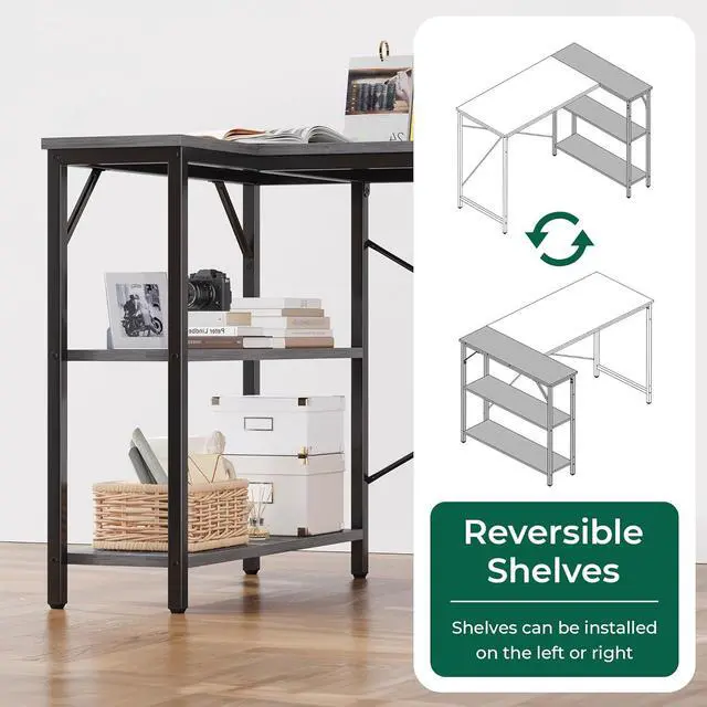 Alt view image 4 of 7 - Huuger L Shaped Desk, 39 Inches Computer Desk with Reversible Storage Shelves, Gaming Desk, Corner Desk Home Office Desks, Writing Desk Study Desk with Metal Frame, Gray