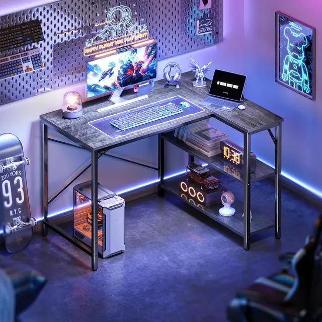 Alt view image 6 of 7 - Huuger L Shaped Desk, 39 Inches Computer Desk with Reversible Storage Shelves, Gaming Desk, Corner Desk Home Office Desks, Writing Desk Study Desk with Metal Frame, Gray