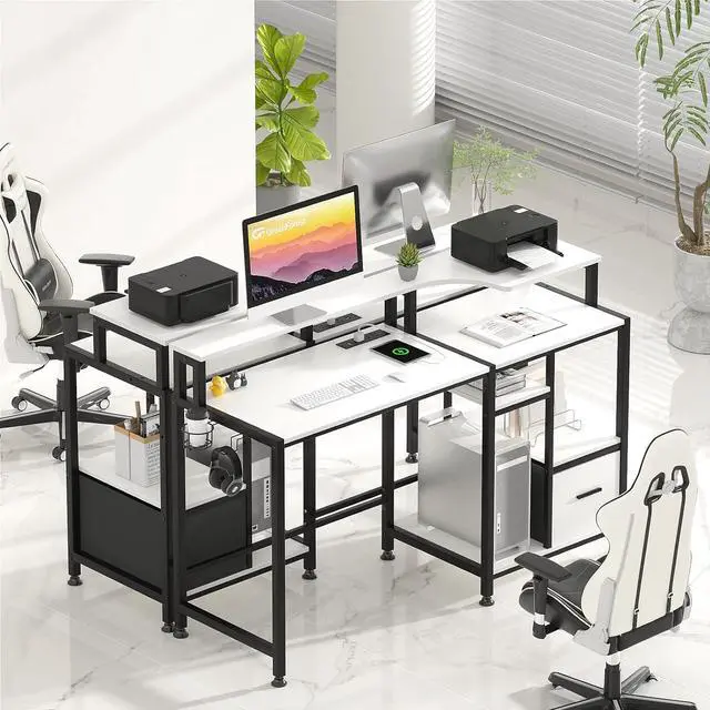 Alt view image 2 of 7 - GreenForest Computer Desk with Drawers, Home Office Desk with Printer Shelf, 55 inches White Desk with Storage, Writing Study Desk with Monitor Stand, Small Work Desk for Bedroom, White