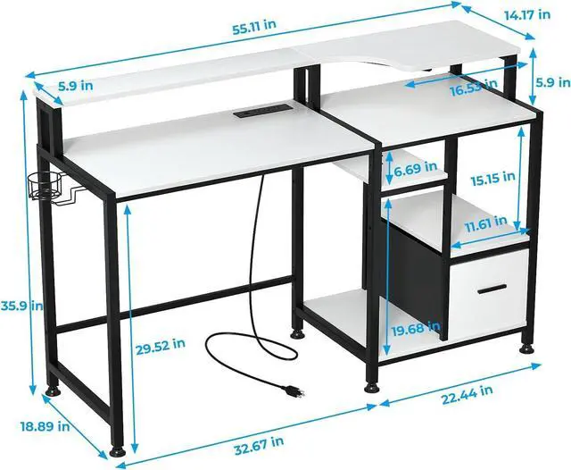Alt view image 3 of 7 - GreenForest Computer Desk with Drawers, Home Office Desk with Printer Shelf, 55 inches White Desk with Storage, Writing Study Desk with Monitor Stand, Small Work Desk for Bedroom, White