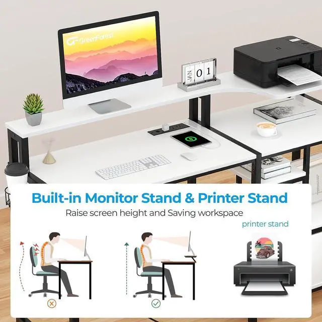 Alt view image 4 of 7 - GreenForest Computer Desk with Drawers, Home Office Desk with Printer Shelf, 55 inches White Desk with Storage, Writing Study Desk with Monitor Stand, Small Work Desk for Bedroom, White