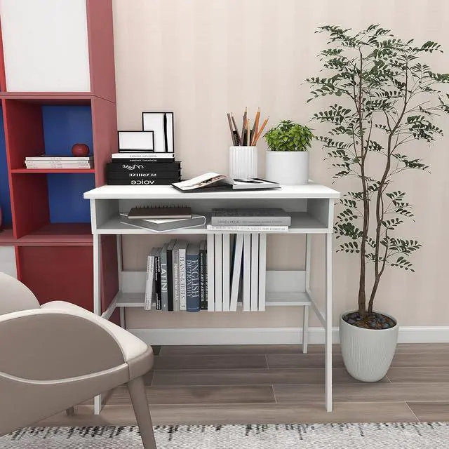 Alt view image 2 of 7 - Computer Desk Small Desk with Storage Space Wood Desk Corner Desk W31.5*D19*H29.5 Writing Table Study Desk Work Station Gaming Desk Study Table Small Desk Home Office Bedroom White