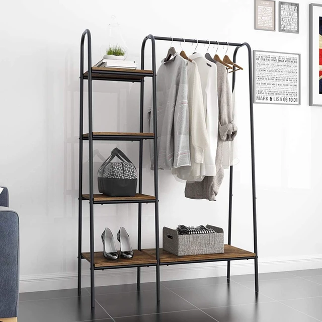 Main image of DlandHome Free-Standing Garment Racks, Home Metal Clothing Rack with 5 Storage Shelves and Hanging Rod Closet Storage Organizer Clothing Rack, DCA-UT-011