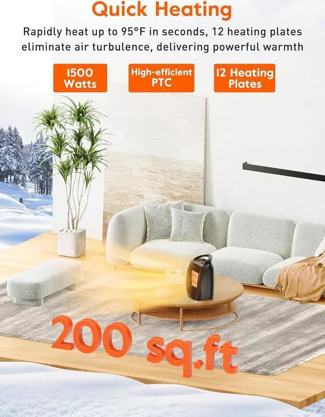 Alt view image 4 of 7 - Portable Electric Space Heater with Thermostat, 1500W/750W Safe & Quiet Ceramic Heater Fan, Heat Up 200 sq. Ft for Office Room Desk Indoor Use (Black)
