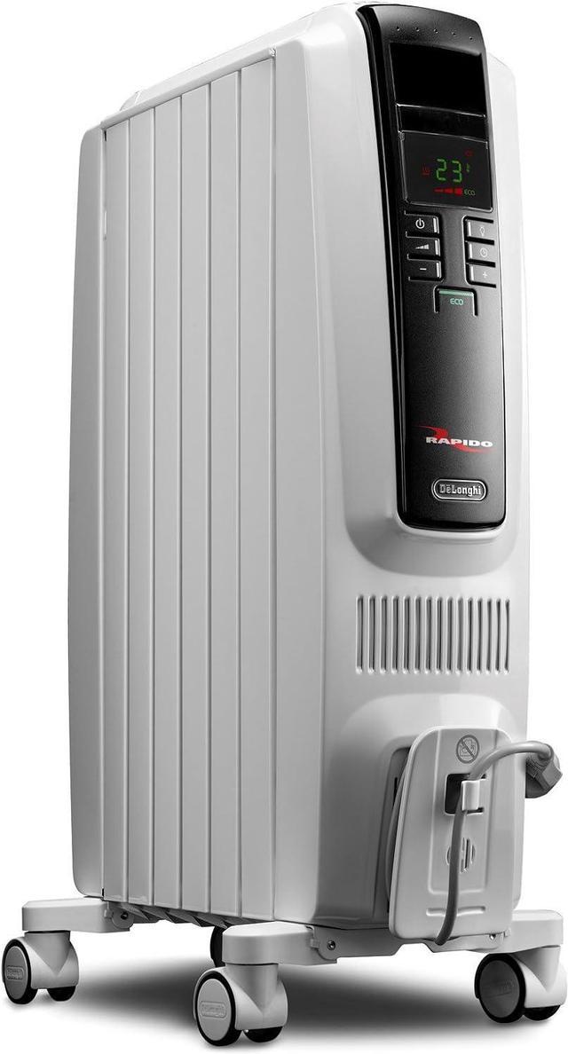 De Longhi Oil Filled Radiator Space Heater Quiet 1500W Adjustable Thermostat 3 Heat Settings Timer Energy Saving Safety Features White Dragon