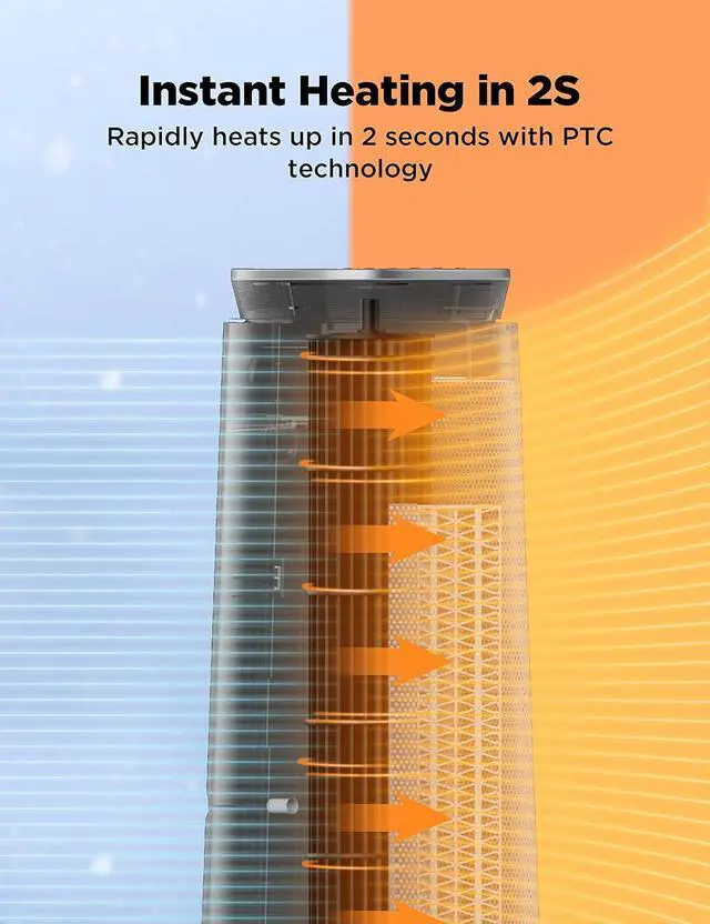 Alt view image 3 of 7 - PELONIS PTH15A4BGB Ceramic Tower 1500W Indoor Space Heater with Oscillation, Remote Control, Programmable Thermostat & 8H Timer, ECO Mode, Tip-Over Switch & Overheating Protection.Grey