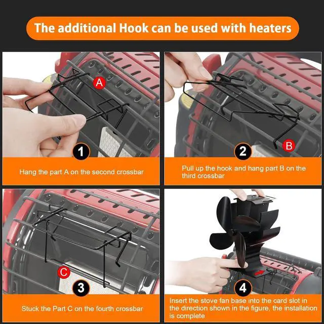 Alt view image 3 of 6 - Signstek 4-Blade Heat Powered Wood Stove Fan + Heater Bracket to Secure the Fan to the Heater, Specifically Designed for Heaters. Perfect for Camping/Picnics (Stove Fan with Hook)