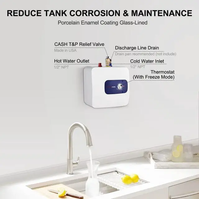 Alt view image 3 of 7 - Thermomate Mini Tank Electric Water Heater ES400 4 Gallons Point of Use Water Heater for Instant Hot Water Under Kitchen Sink 120V 1440W