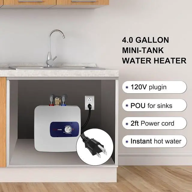 Alt view image 2 of 7 - Thermomate Mini Tank Electric Water Heater ES400 4 Gallons Point of Use Water Heater for Instant Hot Water Under Kitchen Sink 120V 1440W