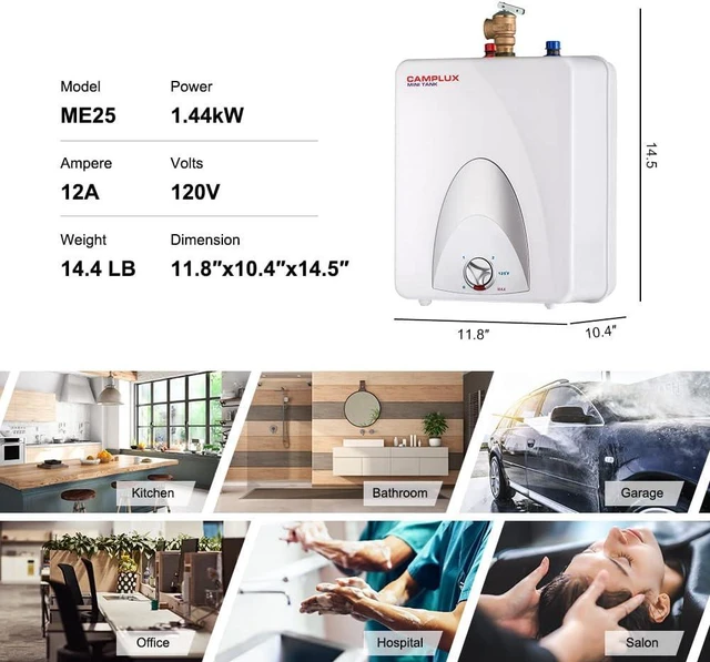 Alt view image 4 of 7 - Camplux ME25 Mini Tank Electric Water Heater 2.5-Gallon with Cord Plug,1.5kW at 120 Volts
