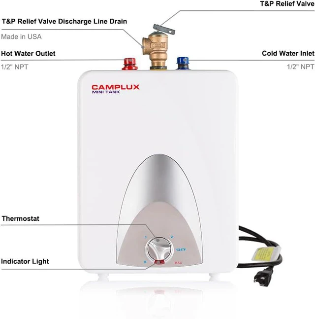 Alt view image 7 of 7 - Camplux ME25 Mini Tank Electric Water Heater 2.5-Gallon with Cord Plug,1.5kW at 120 Volts